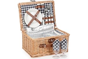 ZORMY Wicker Picnic Basket for 2 Person, Willow Hamper Basket Sets with Insulated Compartment, Handmade 2 Person Picnic Baske