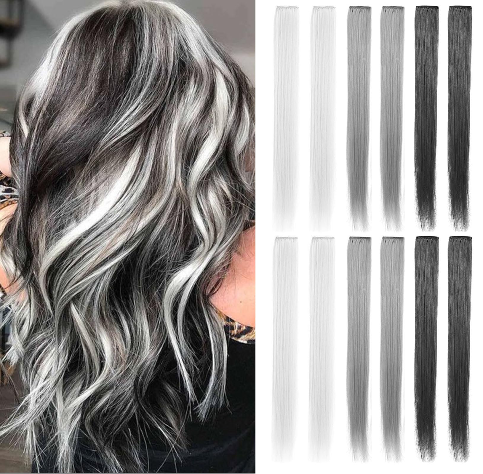 SHKJCHP 12 PSC Grey Hair Extensions Clip in Women Fashion Hairpieces 21"/55cm Long Straight Hair Heat Resistant Girls Wig Pieces For Women Cosplay (Grey,Light Grey,Dark Grey))