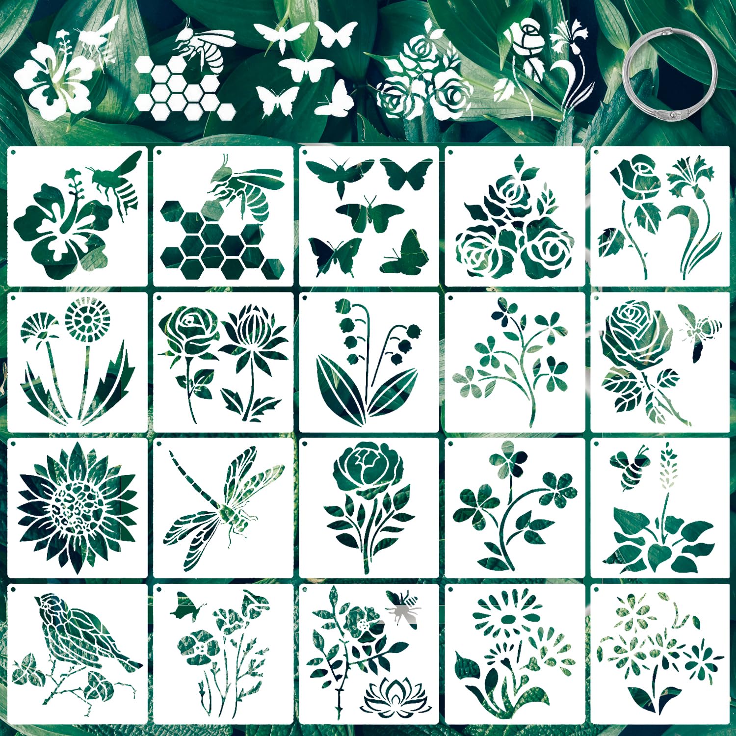 20 Pieces Nature Stencils with Flowers, Plants, Butterflies & Bees for Crafts & DIY Wall Dcor