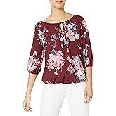 Star Vixen Women's 3/4 Sleeve, Front Tie Peasant Top, Burgundy/Floral, X-Large