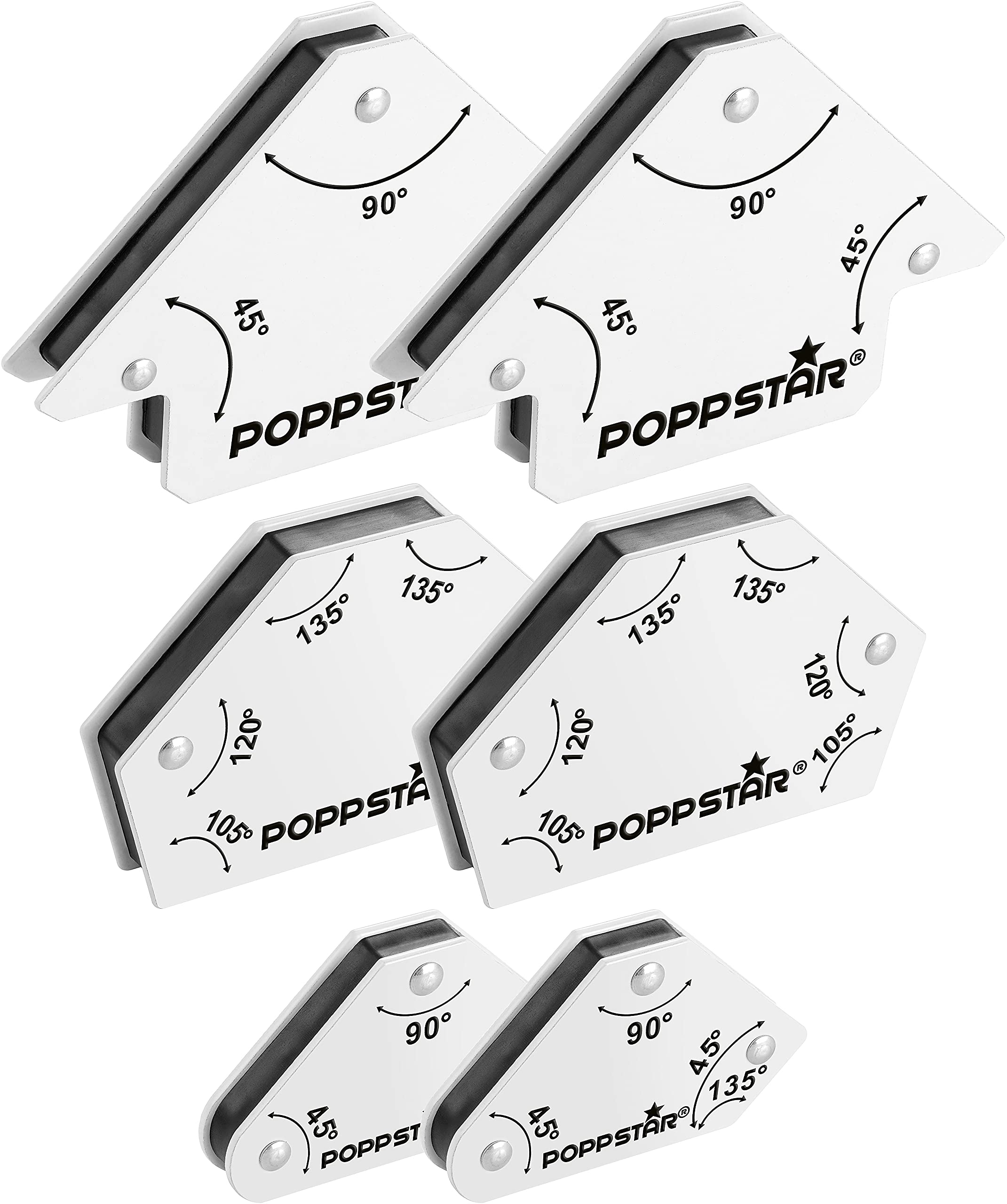Poppstar Welding magnet (welding angle holding force 2x 4 kg - 45/90/135°, 2x 11.3 kg - 30/45/60/75/90/135°, 2x 11.3 kg - 45/90/135°), set of 6, white