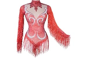 Tyian Sexy Sparkly Diamante Pearl Long Sleeves Fringe Women Bodysuit Team Performance Dance Club Pole Dance Drag Queen Outfit