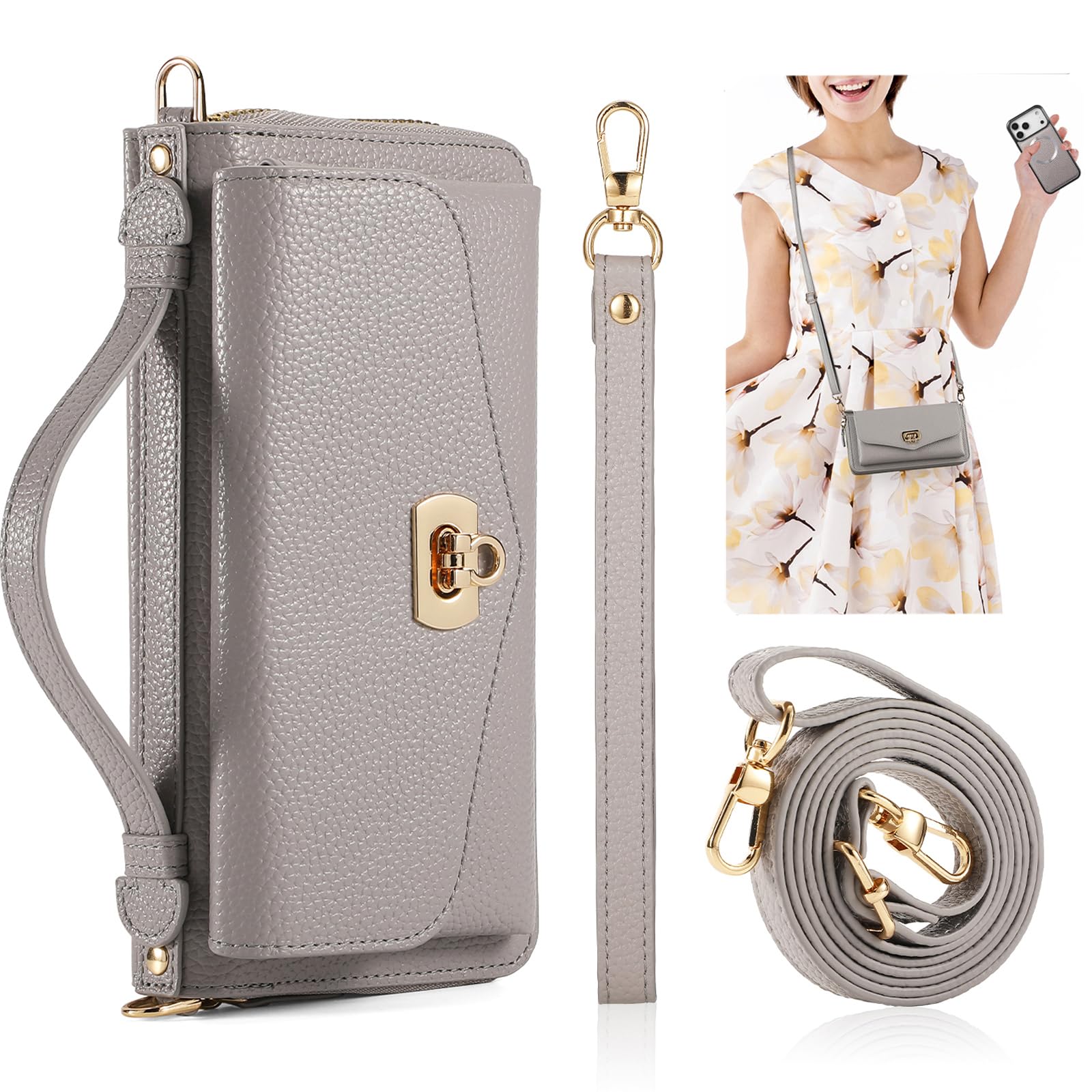 REEGINCH Crossbody Wallet Case for iPhone 17 Pro Max 6.9", Magnetic Detachable PU Leather Phone Case with RFID Blocking Card Holder Wristlet Mirror Flip Zipper Shoulder Purse Clutch for Women - Gray