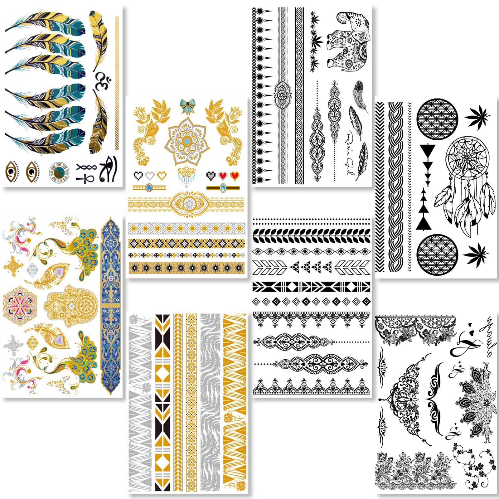 Metallic + Black Temporary Transfer Tattoos for Women Girls | 4 Sheets Gold Silver + 4 Sheets Black Lace Temporary Tattoo | Mandala Fashion Design Jewellery Tattoos | 100+ Colour Waterproof Tattoo