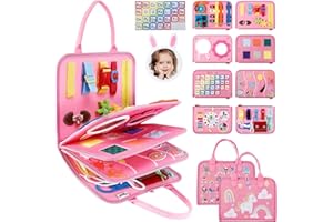 JHkim Busy Board for Toddlers 1-4, Sensory Board Travel Toys Gifts for 1 2 3 4 Year Old Girls Boys, Montessori Toys to Learn Fine Motor Skills, Educational Activities Busy Book for Airplane Car (Pink)