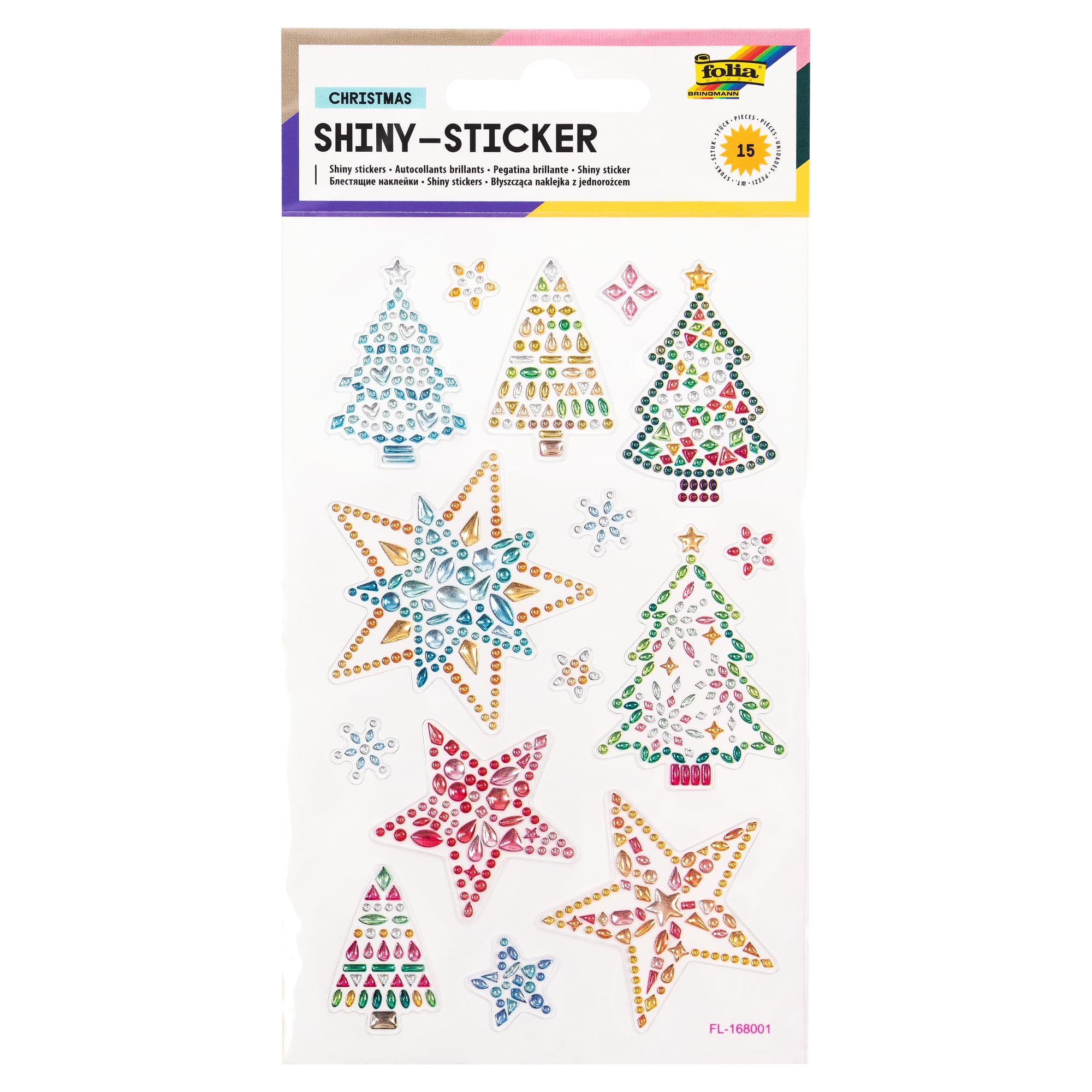 Folia 18308 – Shiny Christmas Stickers, 15 Stickers, Made of Colourful Rhinestones, in Various Designs, Easy to Remove from The Film