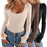 Oakgarden 3 Pack Women's Thermal Fleece Long Sleeve Tops, Scoop Neck Slim Fitted Knit Base Layer Undershirts with Thumb Hole