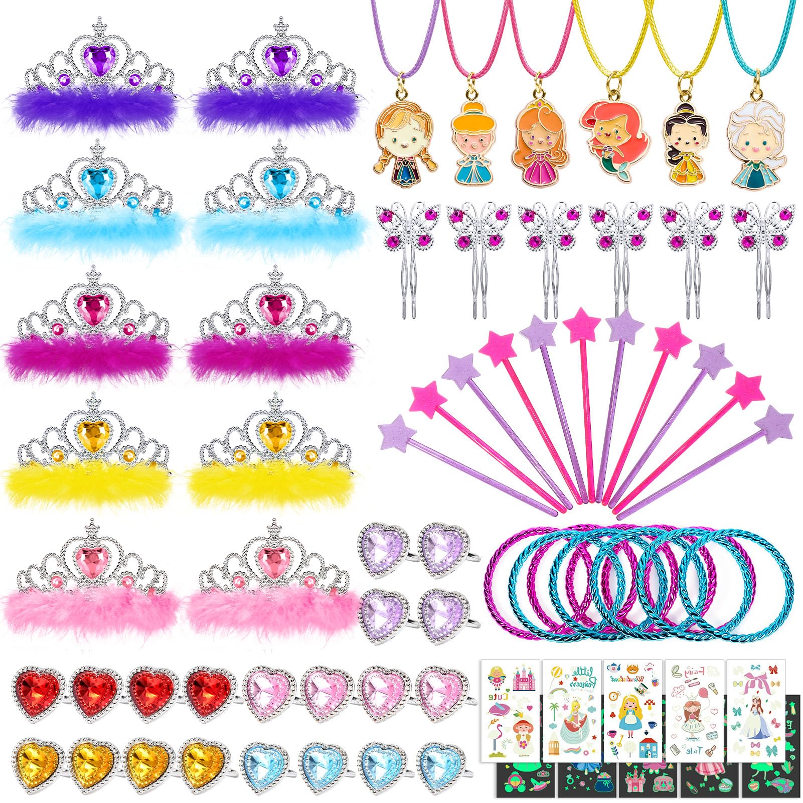 vamei 80pcs Princess Party Bag Fillers for Girls, Princess Dress Up Accessories Pretend Play Jewellery Toy with Crown Star Wand Butterfly Hair Clips Tattoos, Kids Party Favours