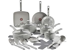 T-fal Refresh Ceramic, Ceramic Non Stick Cookware Set 20 Piece, Oven Broiler Safe 350F, Kitchen Set w/Egg Pan, Fry Pans, Saucepans, Griddle, Sautepan, Dutch Oven & Utensils, Pots, Pans, Moon Gray