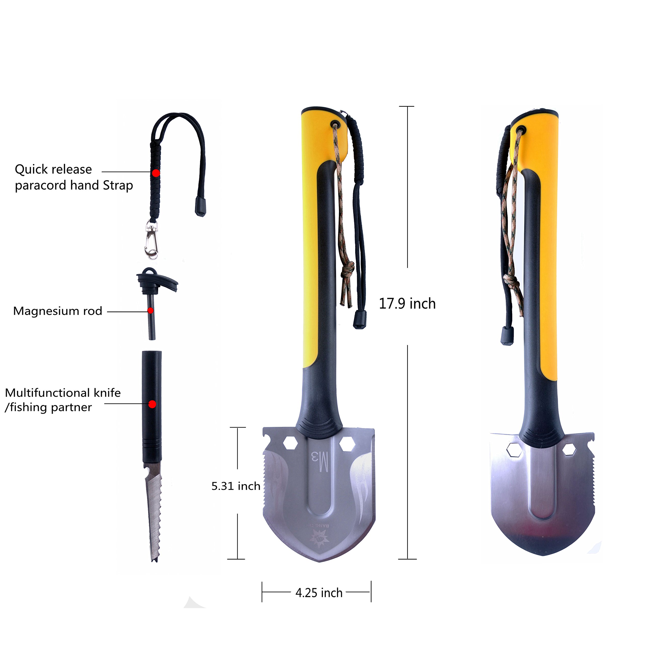 BANG TI 10 in 1 Utility Shovel Light Weight Outdoor Camping Tool w/Multi Knife Magnesium Rod and Head Cover (Yellow)