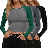 Huukeay 3 Pcs Women Raglan Long Sleeve Crop Tops Color Block Baseball Shirt Y2k Going Out Top