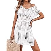AI'MAGE Women's Crochet Cover Up Hollow Out Swimsuit Coverup V Neck Beachwear with Drawstring S-3XL