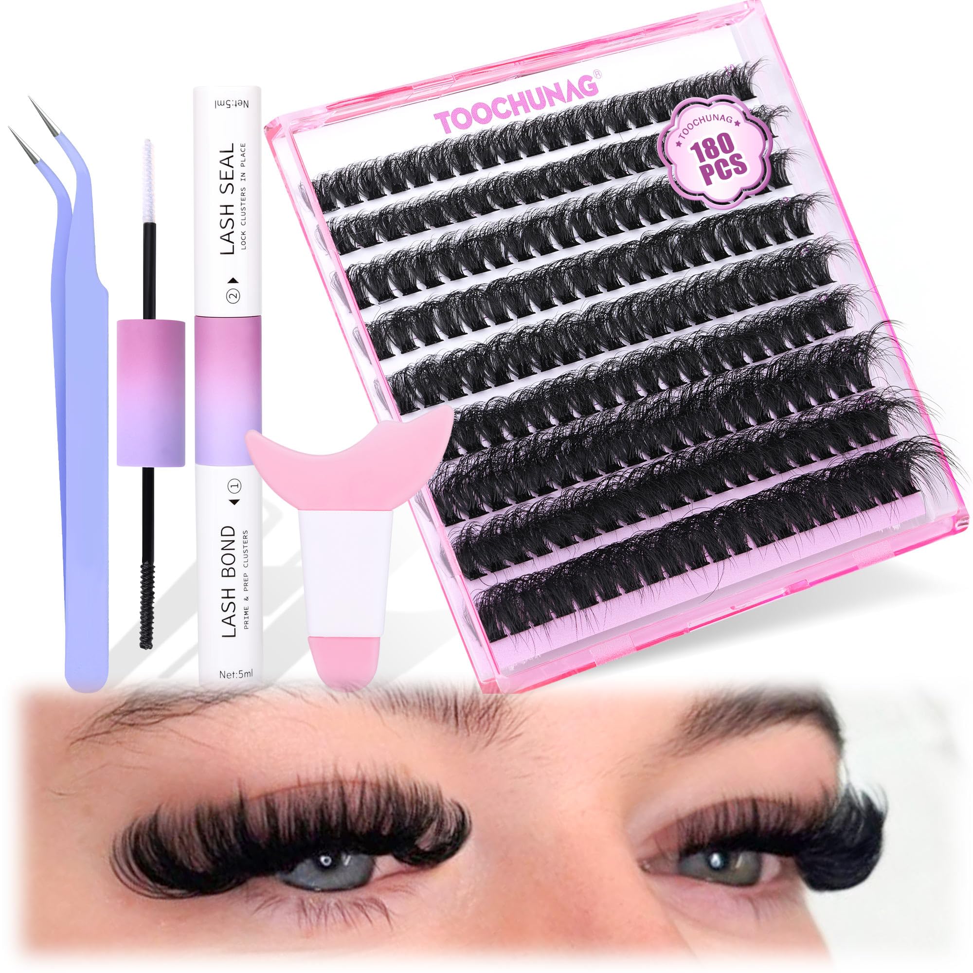 80D Fluffy Individual Eyelashes Extension Kit DD Curl Lash Clusters Kit Russian Cluster Lashes DIY Lash Extension Kit with Lash Bond and Seal and Eyelashes Tools&Tweezers by TOOCHUNAG(10-18mm,180pcs) — image 1