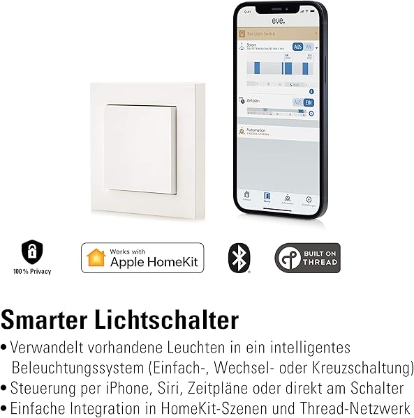 Eve Light Switch Smarter Lichtschalter Apple HomeKit Einfach  Wechsel  Kreuzschaltung kompatibel mit Mehrfachschaltern Zeitplne anpassbares Design keine Bridge ntig BluetoothThread