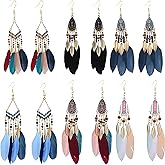MALOYANVE Feather Earrings Multi piece Set For Women Dream Catcher Bohemian Fringe Tassel Long Drop Dangle Earrings Set With Fashion Accessories For Wedding Party Jewelry Gifts