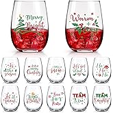 Singhoow 12 Pcs Christmas Wine Glasses Bulk 12 oz Merry Xmas Stemless Wine Glass Funny Tree Santa Snowman Drinking Cups Xmas Party Gift for Family Friends Party Event (Christmas Words)