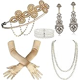 BABEYOND 1920s Flapper Accessories Gatsby Costume Accessories Set 20s Flapper Headband Pearl Necklace Gloves Plastic Holder