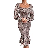 PRETTYGARDEN Women's Long Puff Sleeve Floral Midi Bodycon Dresses Square Neck Ruffle Mermaid Smocked Dress