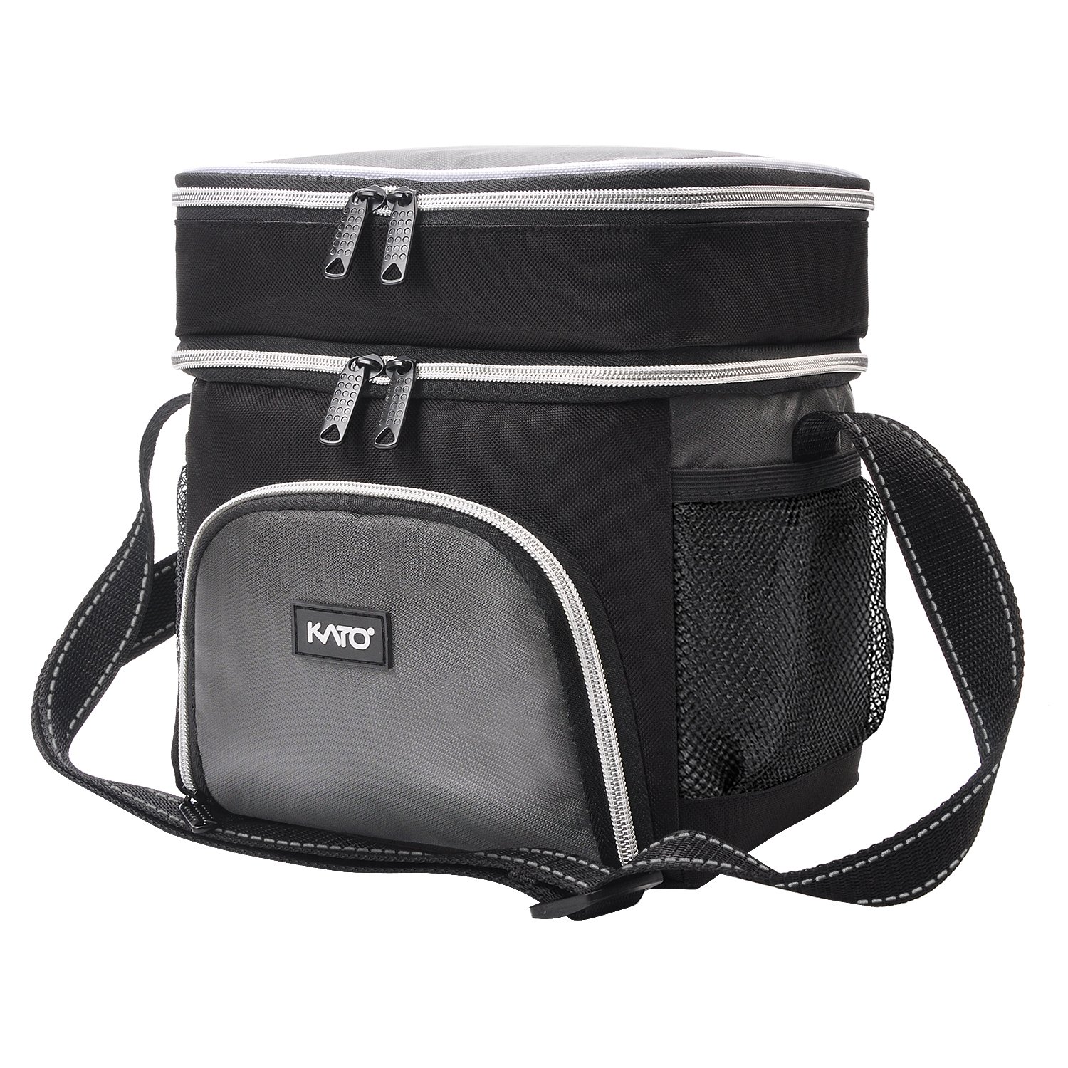 Insulated Lunch Cooler Bag, Kato Adult Dual Compartment Reusable Bento Lunch Box Tote with Shoulder Strap, Grey