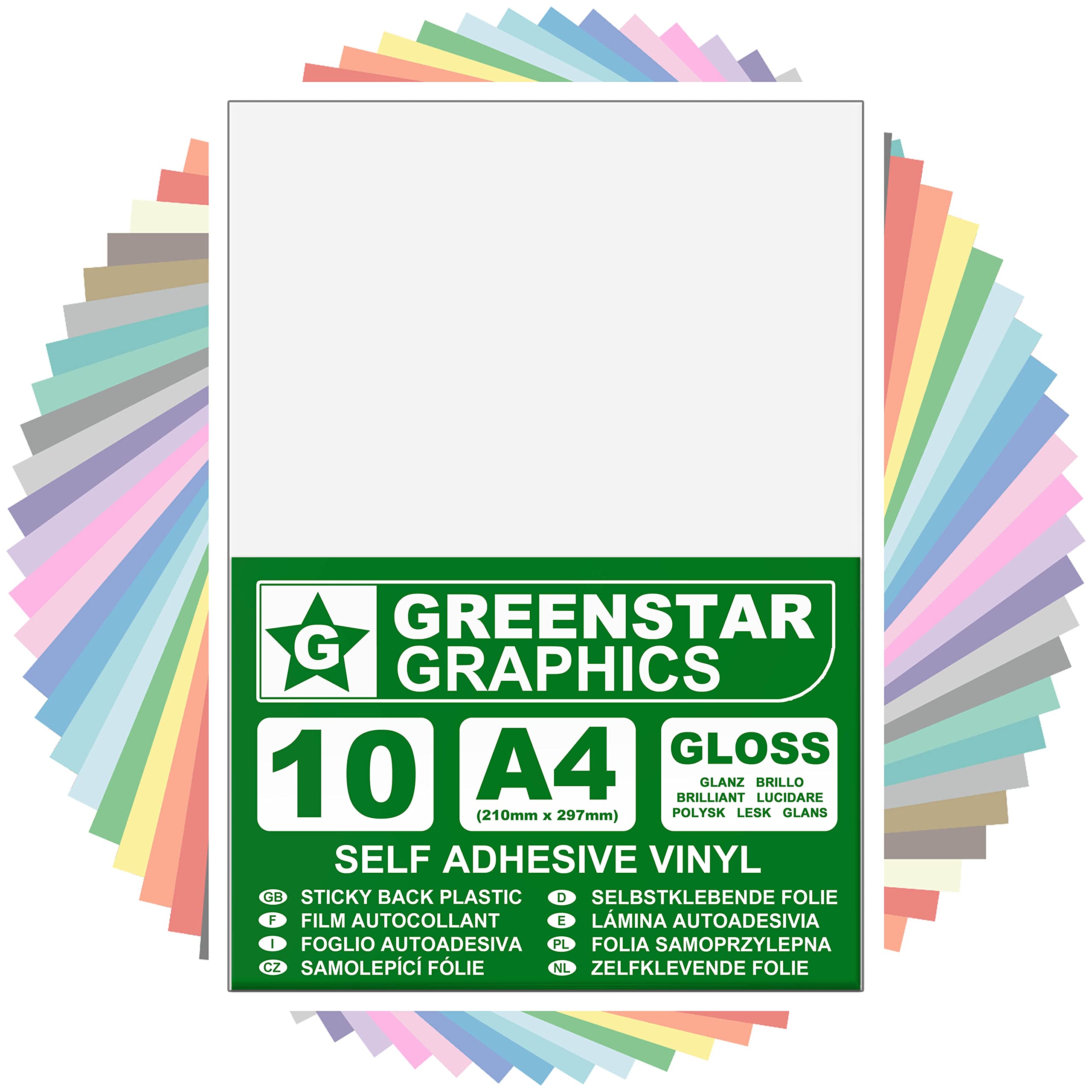 GREENSTAR GRAPHICS GLOSSY A4 STICKY BACK PLASTIC SELF ADHESIVE ART & CRAFT VINYL (10 SHEET PACK). Compatible With 12” Cricut, Silhouette Cameo/Curio/Portrait, Scan N Cut (WHITE GLOSS 10 A4)