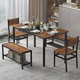 NAIYUFA Dining Table Set for 4-6 with 2 Benches and 2 Chairs | Large Industrial Dining Table with Storage,Kitchen Table Set for Dining Room,Saving Space,Rustic Brown