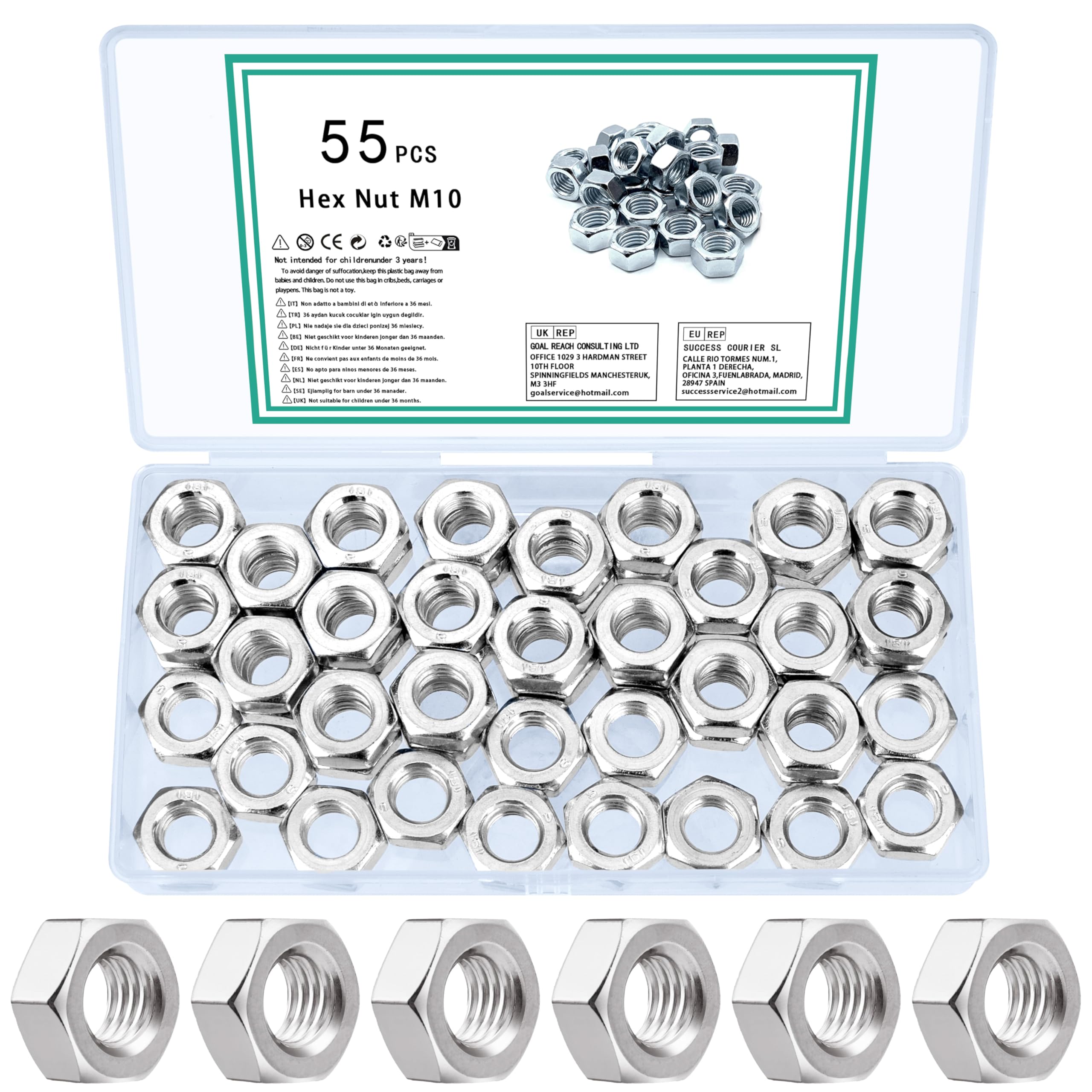 TOOINKCV 55 Pcs M10 Hex Nuts Set, Lock Nuts, Assorted Self Locking Nut Assortment, Locknuts, Metric Hex Full Standard Thread Carbon Steel Hexagon Nut