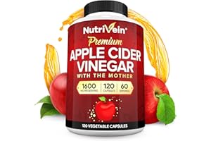 Nutrivein Premium Apple Cider Vinegar Supplements with Mother - 1600 mg - 120 Apple Cider Vinegar Capsules: ACV Pills for Digestion, Keto, Cleansing, and Balanced Nutrition