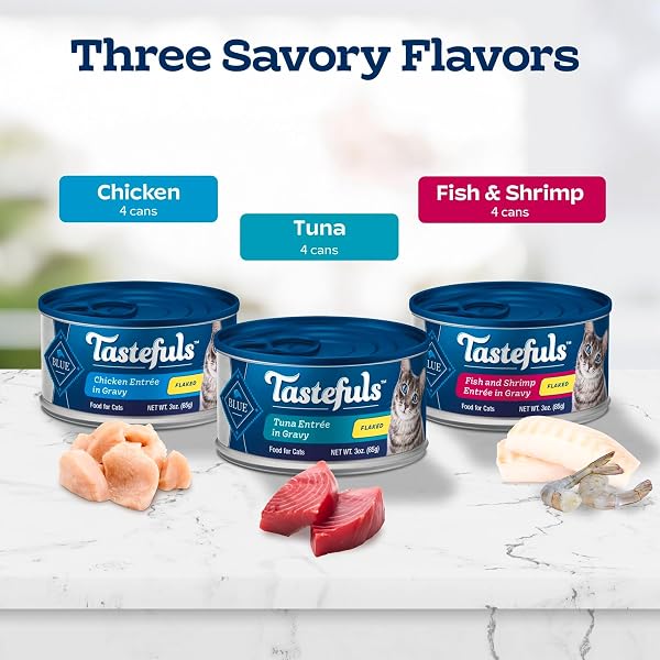 BLUE BUFFALO TASTEFULS FLAKED WET CAT FOOD VARIETY PACK, MADE WITH NATURAL INGREDIENTS, TUNA, CHICKEN, FISH & SHRIMP, 3-OZ CANS (12 COUNT, 4 OF EACH)