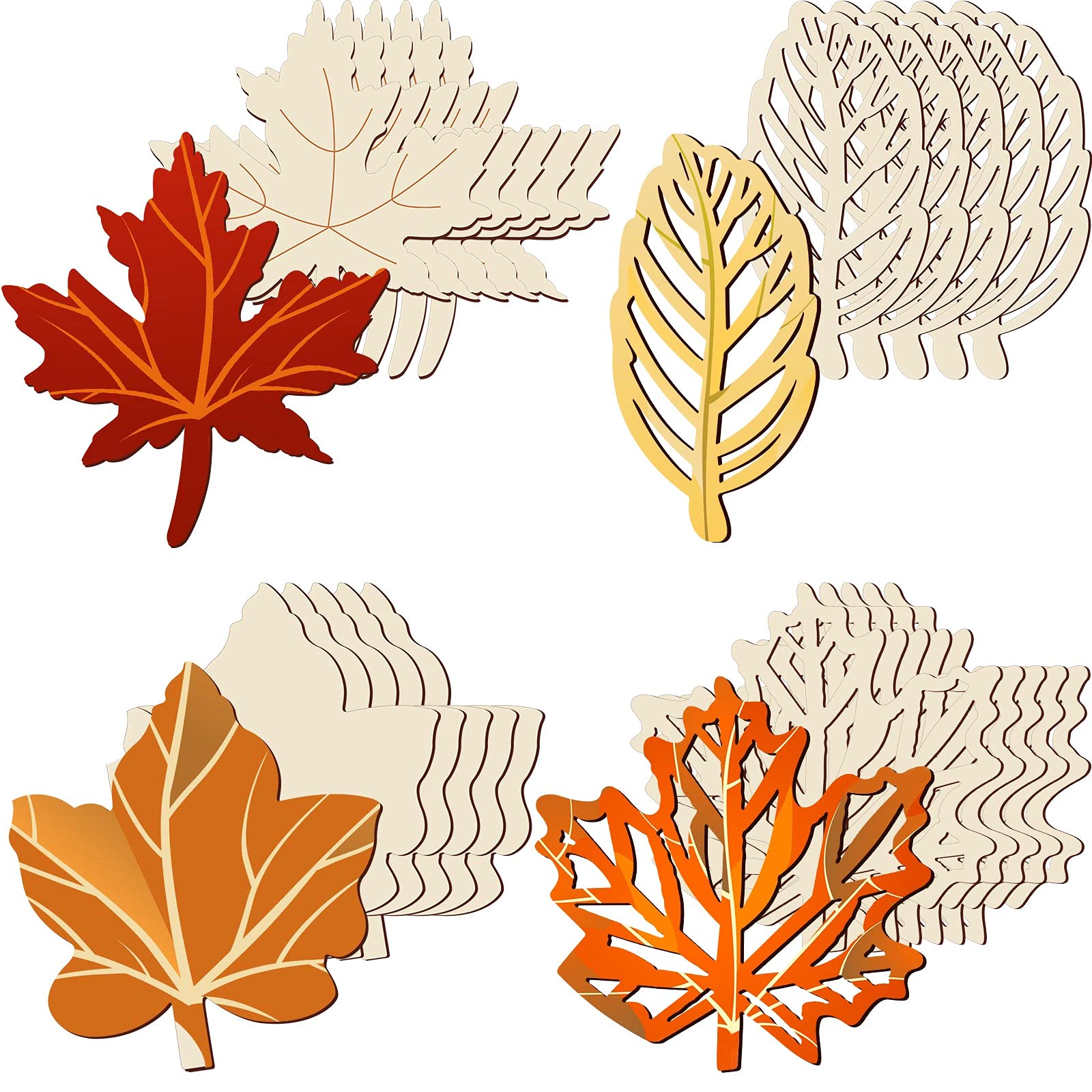 Photo 1 of 80 Pieces Unfinished Wood Cutouts Maple Leaves Wooden Crafts Fall Leaves Shape Crafts Autumn Leaf Wooden Cutouts for DIY Craft Tags Thanksgiving Party Nursery Home Decoration, 4 Styles