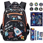 Cusangel Kids Backpack for Boys, Clear Pocket with Badge-Decorated Stationery Collection Elementary Kindergarten School Black Space Bookbag 15.5 in Multifunctional Cute Large Capacity