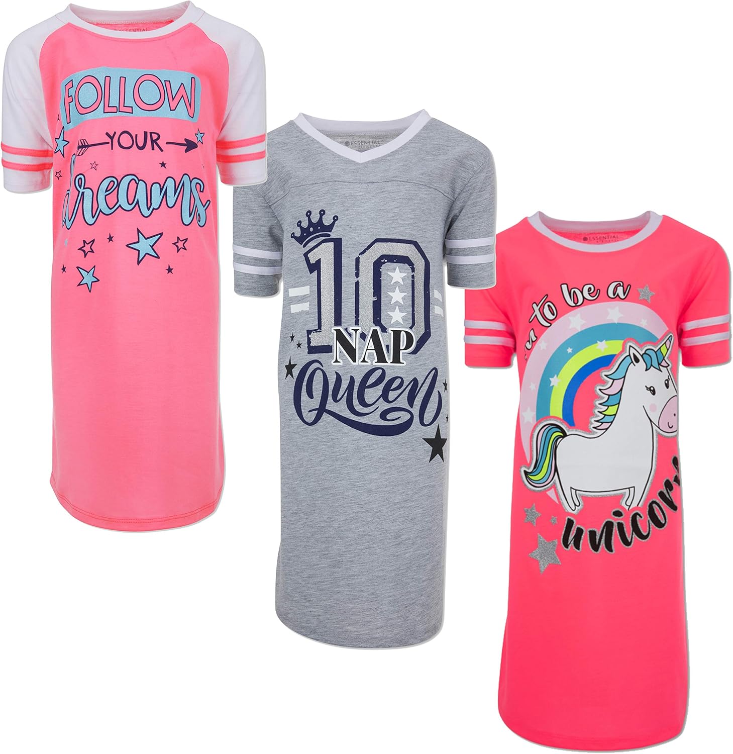 3 Pack: Girls Colorful Printed Nightgown Sleep Shirt Sleepwear Pajama Dress (14, Short Sleeve / Set D): Clothing