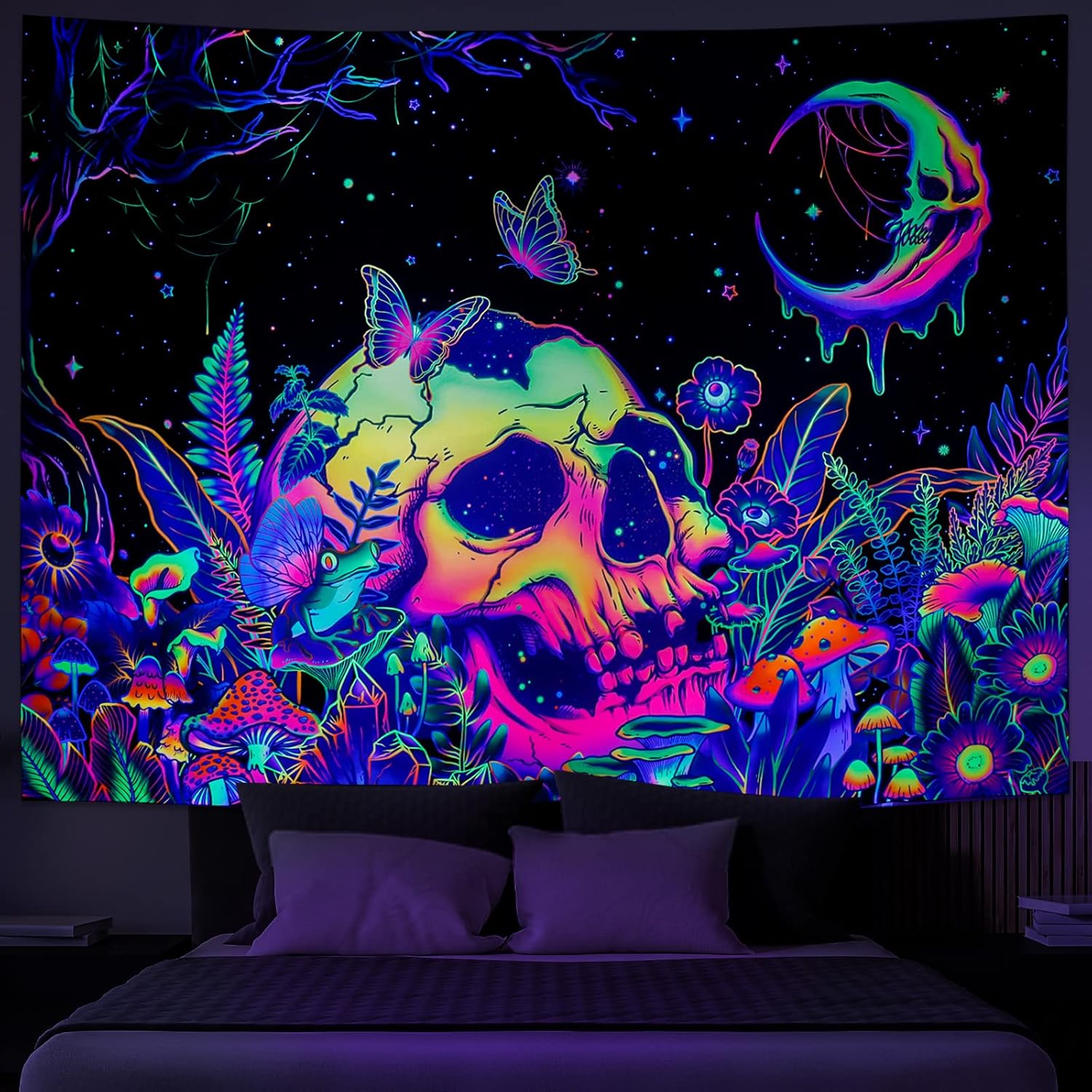 Tapestries - Galoker Blacklight Skull Tapestry UV Reactive Moon Stars Tapestry Fantasy Floral Plant Tapestry Galaxy Space Tapestry Wall Hanging for Home Decor(H51.2×W59.1 inches)
