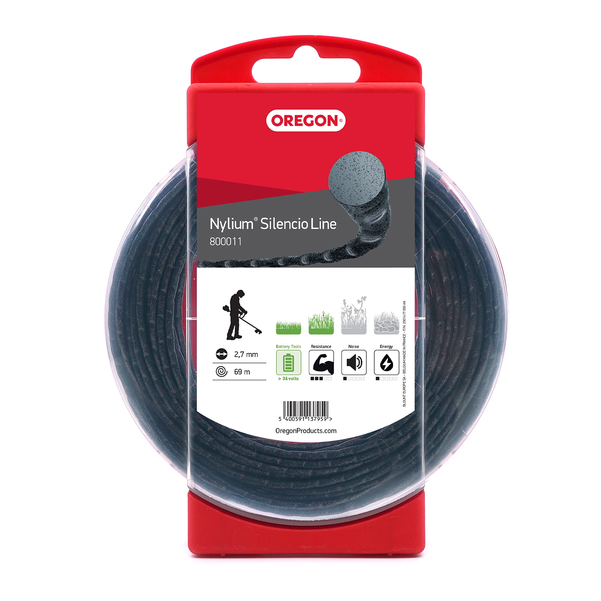 Oregon Nylium Silencio Strimmer Line, Round Profile Replacement Cord for Battery Powered Garden Trimmer Tools, 2.7mm, 69m Long Donut Spool (800011)