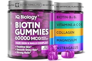 IQ BIOLOGY Biotin Gummies for Hair, Skin and Nails - Hair Growth Vitamins for Women & Men - Hair Loss Gummy Supplement with Extra Strength Biotin (Vitamin B7), Collagen, Keratin & DHT Blocker, 60 Chewable Bears