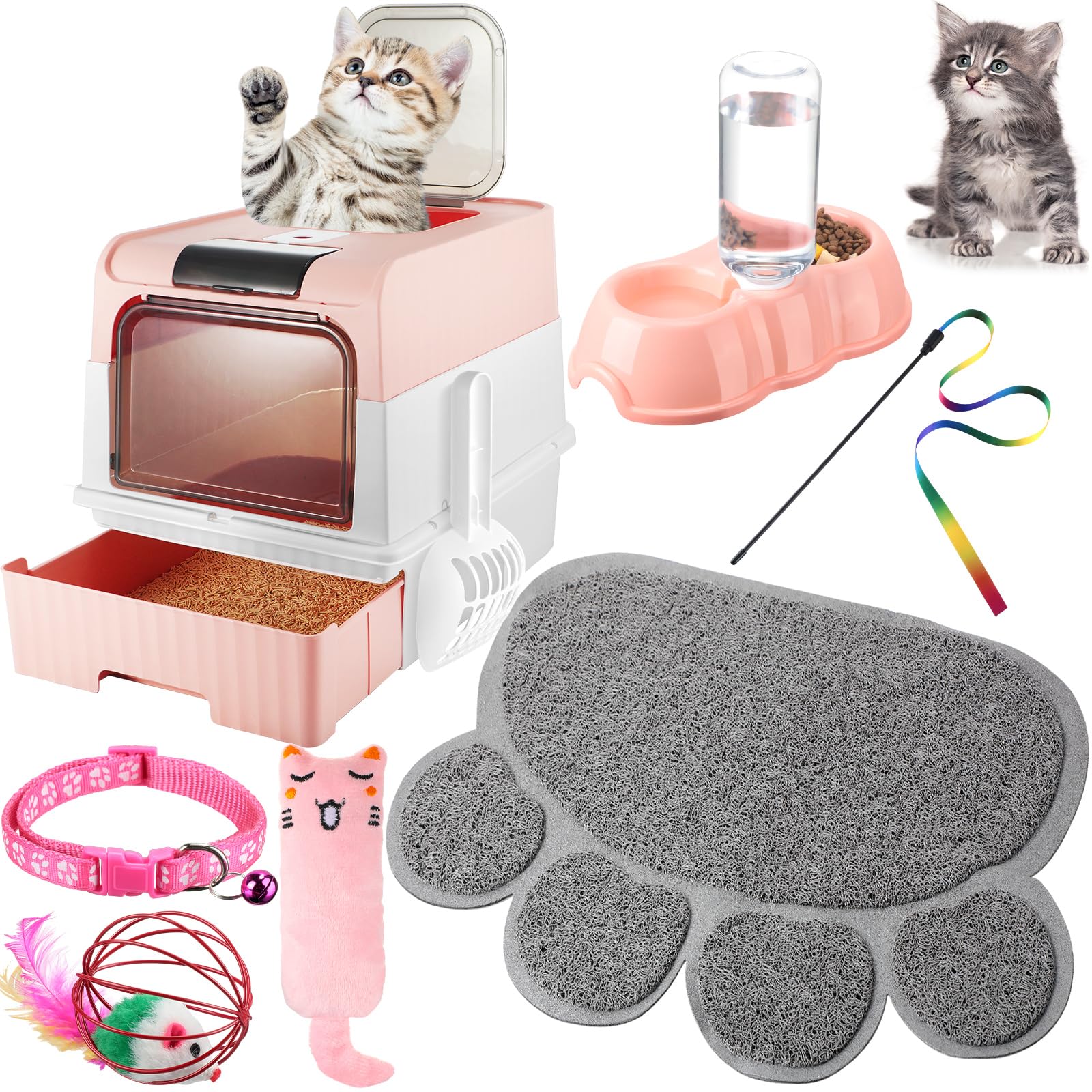 View 1 of Tioncy 7 Pcs Small Cat Kitten Starter Kit Cat Litter Box with Shovel Paw Litter Mat Double Automatic Bowls Toy Teaser Stick Kitten Collar Essentials Kits for 1-3 Lbs Beginner(Pink)