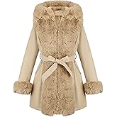RISISSIDA Luxurious Women Winter Fur Lined Coat, Leather Jacket with Hooded Long Fur Collar, Thick Warm Heavy Overcoat Belted