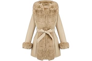 RISISSIDA Luxurious Women Winter Fur Lined Coat, Leather Jacket with Hooded Long Fur Collar, Thick Warm Heavy Overcoat Belted