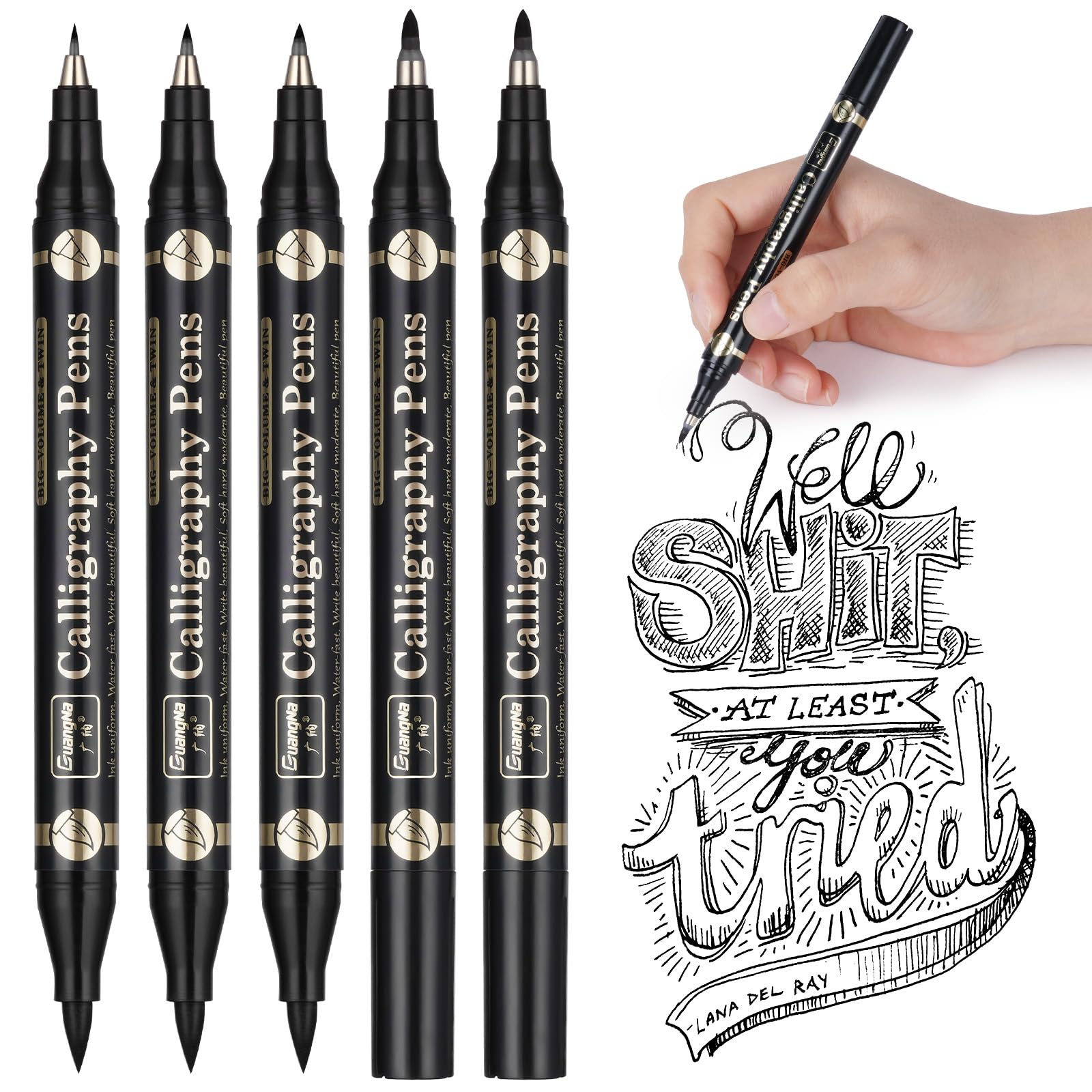 OFFCUP Calligraphy Set for Beginners - 5PCS Calligraphy Pens with 4 Types of Nibs and Brush for Hand Lettering, Sketching, Drawing (Black)