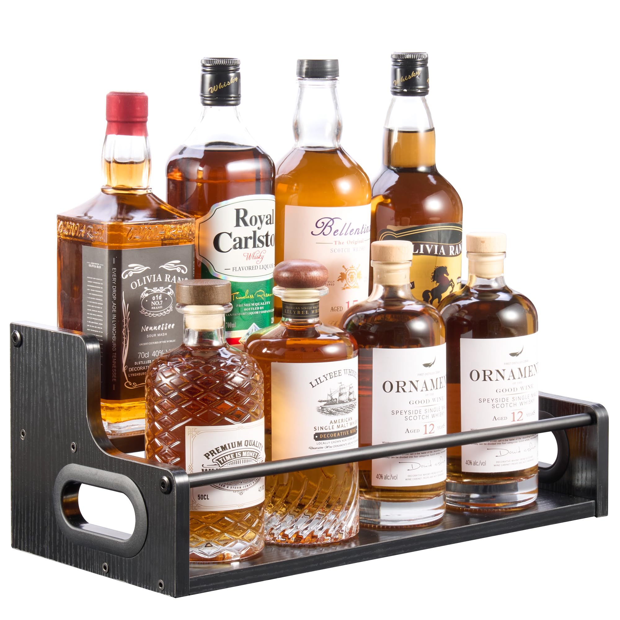 YQBRAO 2-Tier Liquor Bottle Display Shelf, Coffee Syrup Rack Organizer, Water Bottle Organizer, Mini Bar Cabinet, Rustic Bar Shelves for Liquor Whiskey, Spirits（Black）