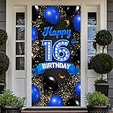 Happy 16th Birthday Blue and Black Banner Backdrop Cheers to 16 Years Old Confetti Balloons Theme Decor for Girls 16 Years Old Birthday Party Decorations Bday Supplies Gift Background Favors Glitter
