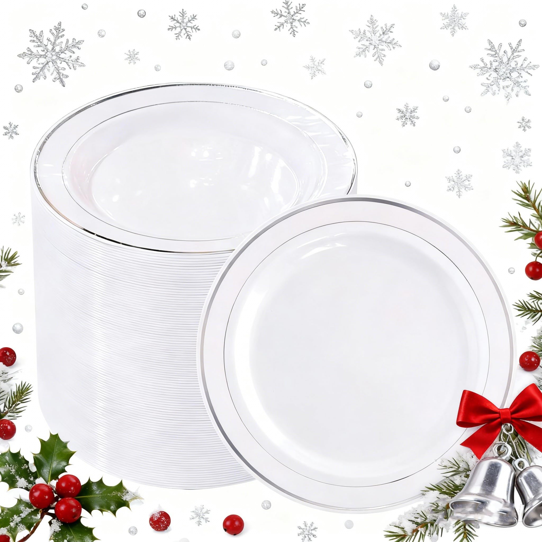 Photo 1 of ***FACTORY SEALED***bUCLA 100Pieces Silver Plastic Plates - 6.25inch White with Silver Rim Disposable Salad/Dessert/Appetizer/Small Cake Plates for Weddings, Christmas, Parties&Gathering