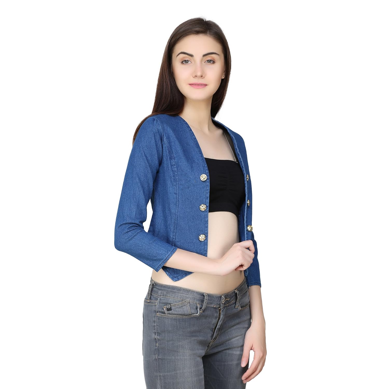 buynewtrend blue open denim shrug for women