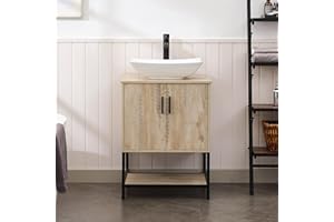 UEV Rustic Oak 24" Bathroom Vanity with Sink,Industrial Iron Frame Bathroom Cabinet Set with Doors & Shelf,with Modern Artistic Ceramic Vessel Sink Combo(032WH)
