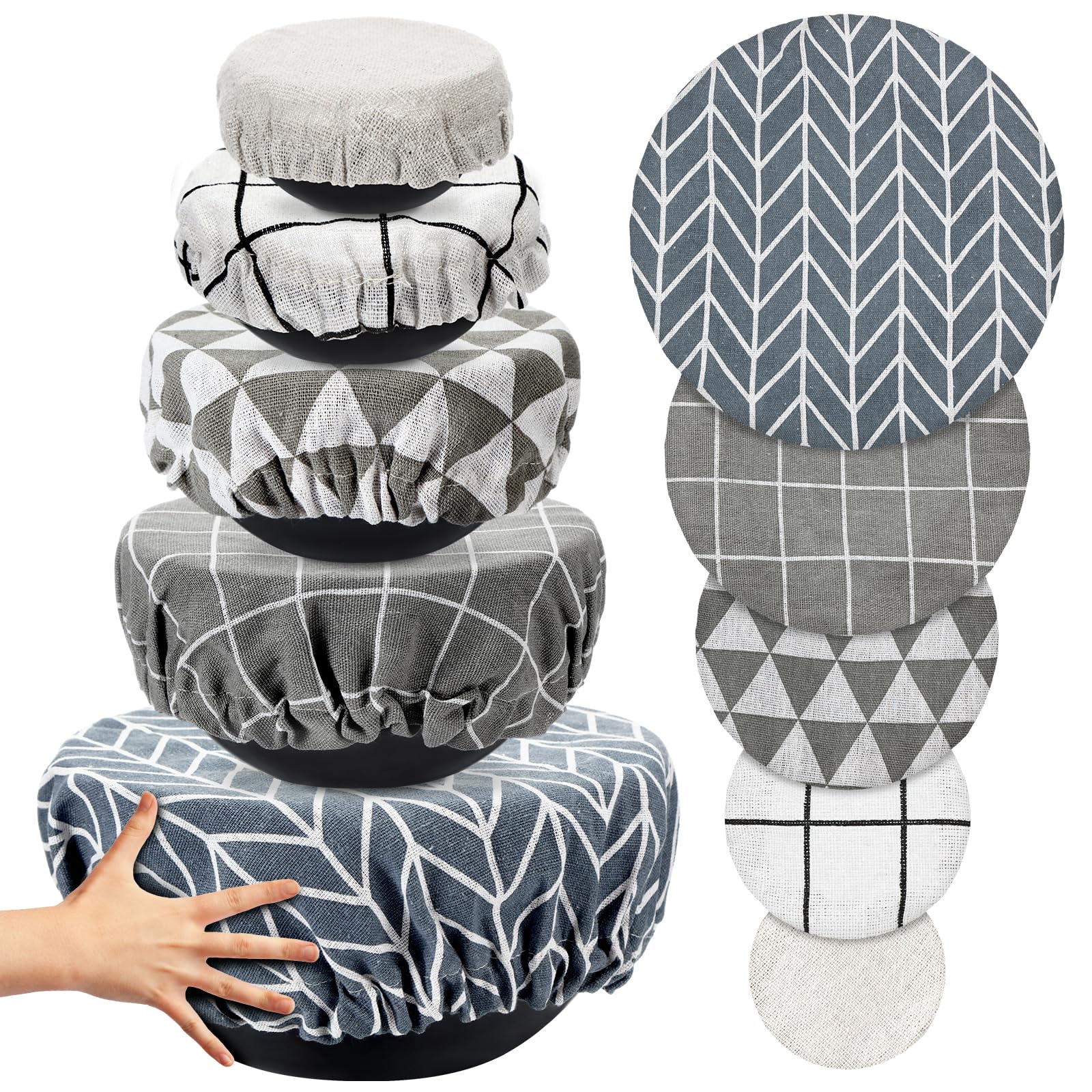 Photo 1 of 5 Pcs Reusable Bowl Covers 5 Sizes Large Cloth Fabric Bowl Covers Stretch Elastic Food Storage Container Reusable Lids for Bread Proofing Fruit Salads Bread Leftovers(Grey,Classic Pattern)