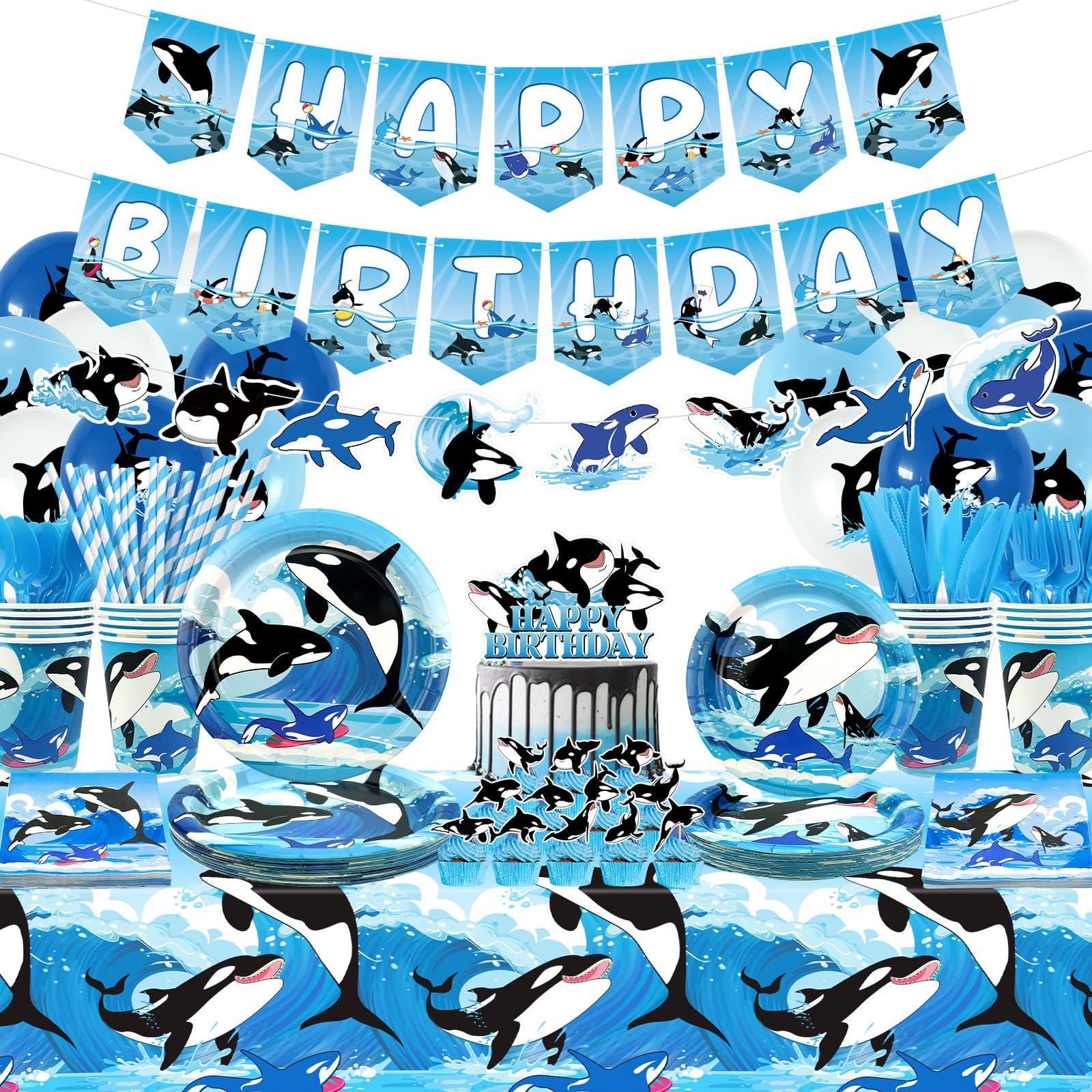 Photo 1 of Ocean Orca Party Decorations, Orca Happy Birthday Banner, Cake Toppers, Tableware, Tablecloth and Balloons for Killer Whales Party Supplies Under The Sea Party, Serves 20