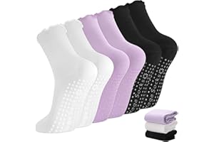 Guiqulai 3 Pairs Pilates Socks Women, Non Slip Ruffle Crew Yoga Socks with Grip for Barre Dance Barefoot Workout