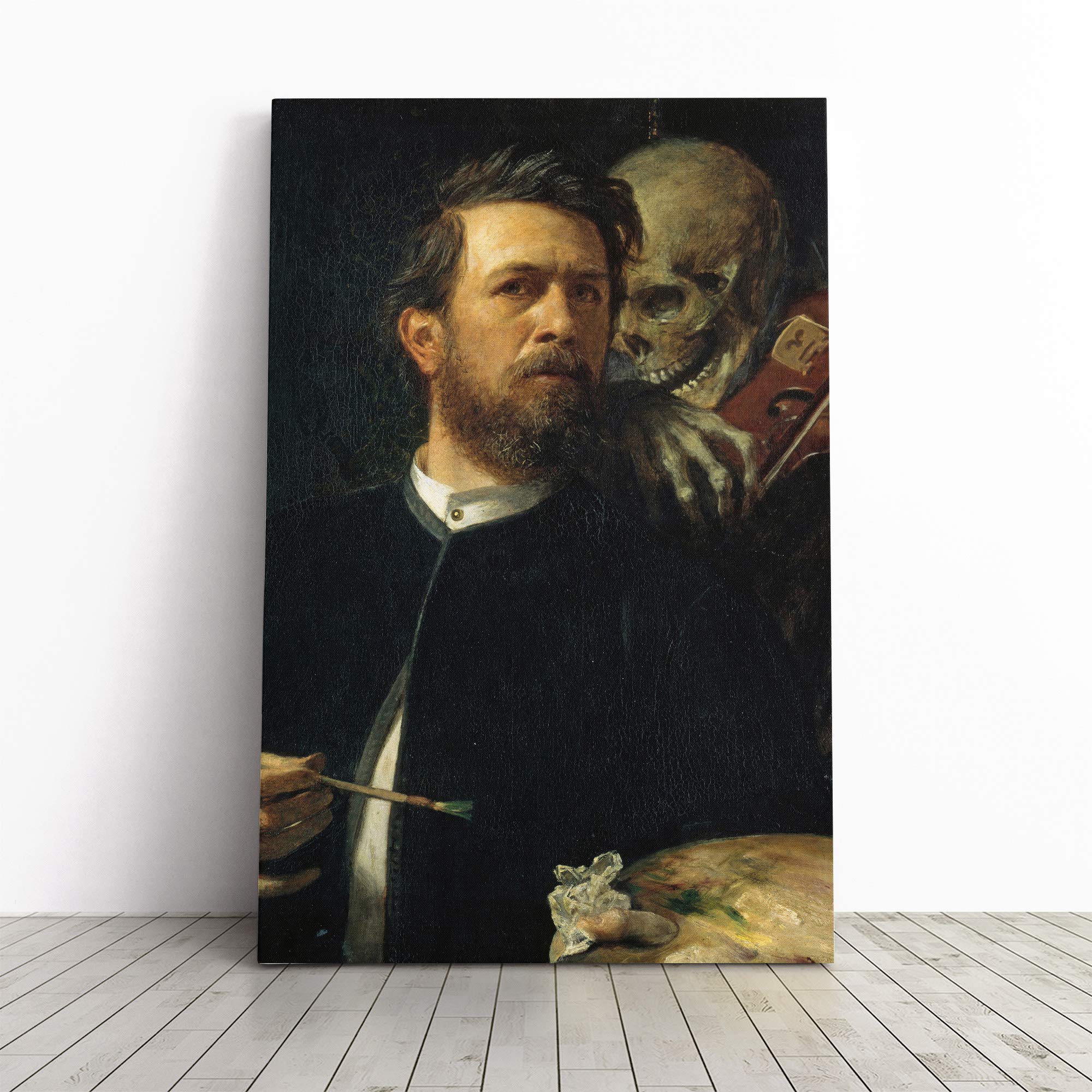Big Box Art Canvas Print Wall Art Arnold Bocklin Self Protrait, Death Playing The Fiddle|Mounted & Stretched Box Frame Picture|Home Decor for Kitchen, Living Room, Bedroom, Multi-Colour, 20x14 Inch