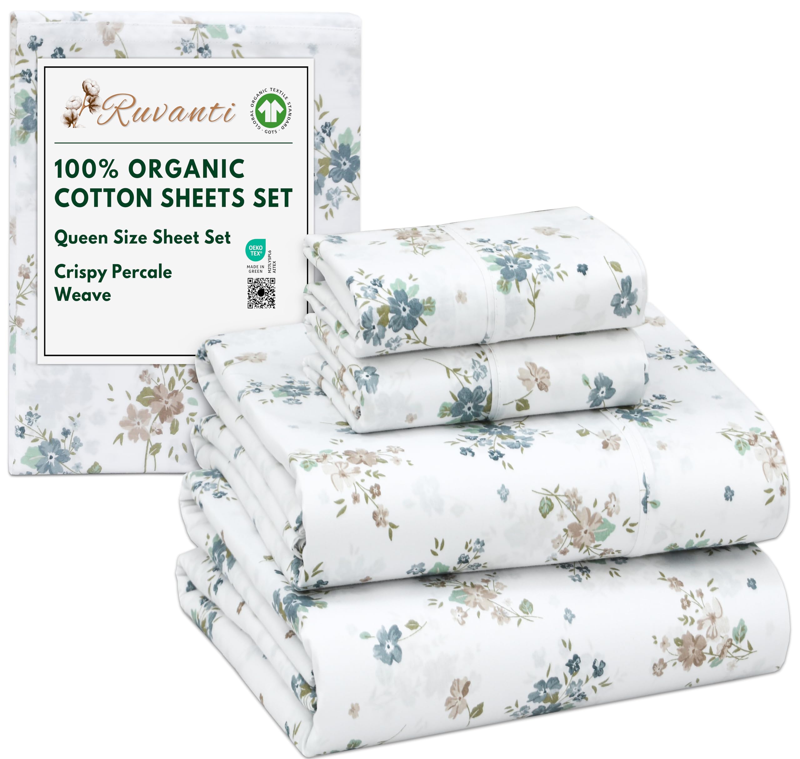 Photo 1 of ***MISSING PIECES*** RUVANTI 100% Organic Cotton Sheets Queen Size, Percale Weave, GOTS Certified, 4-Piece Set, Deep Pocket 15", Crisp & Breathable, Soft Durable Bedding, Sábanas Algodón Orgánico – Halcyon