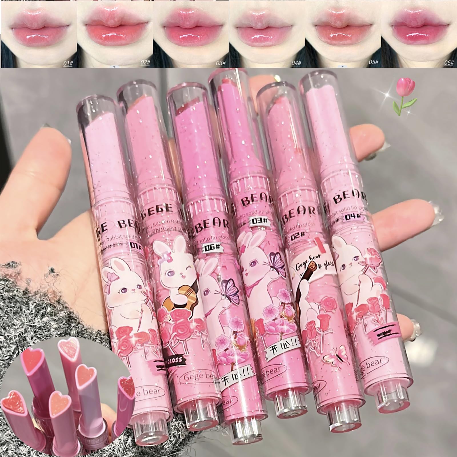 Riroenst 6 Colors Crystal Jelly Lipstick Set, Tinted Heart Shape Lip Balm, Mirror Moisturizing Lip Gloss, Waterproof Long-lasting Nourishing Lip Care Lip Tint Makeup