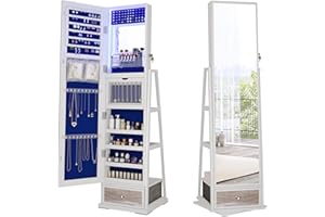 HWB Jewelry Cabinet with LED Light: Jewelry Armoire Organizer with Full-Length Mirror - 360° Swivel Standing Lockable Jewelry Storage for Girls/Women Gifts (White)